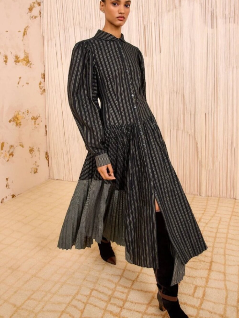 NWOT ULLA JOHNSON Mariela Long Sleeve Lurex Shirt Dress in Lapis Stripe XS $550